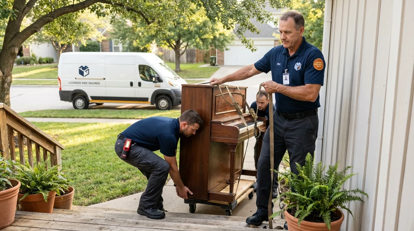Licensed piano movers securing grand piano in Butler, AL