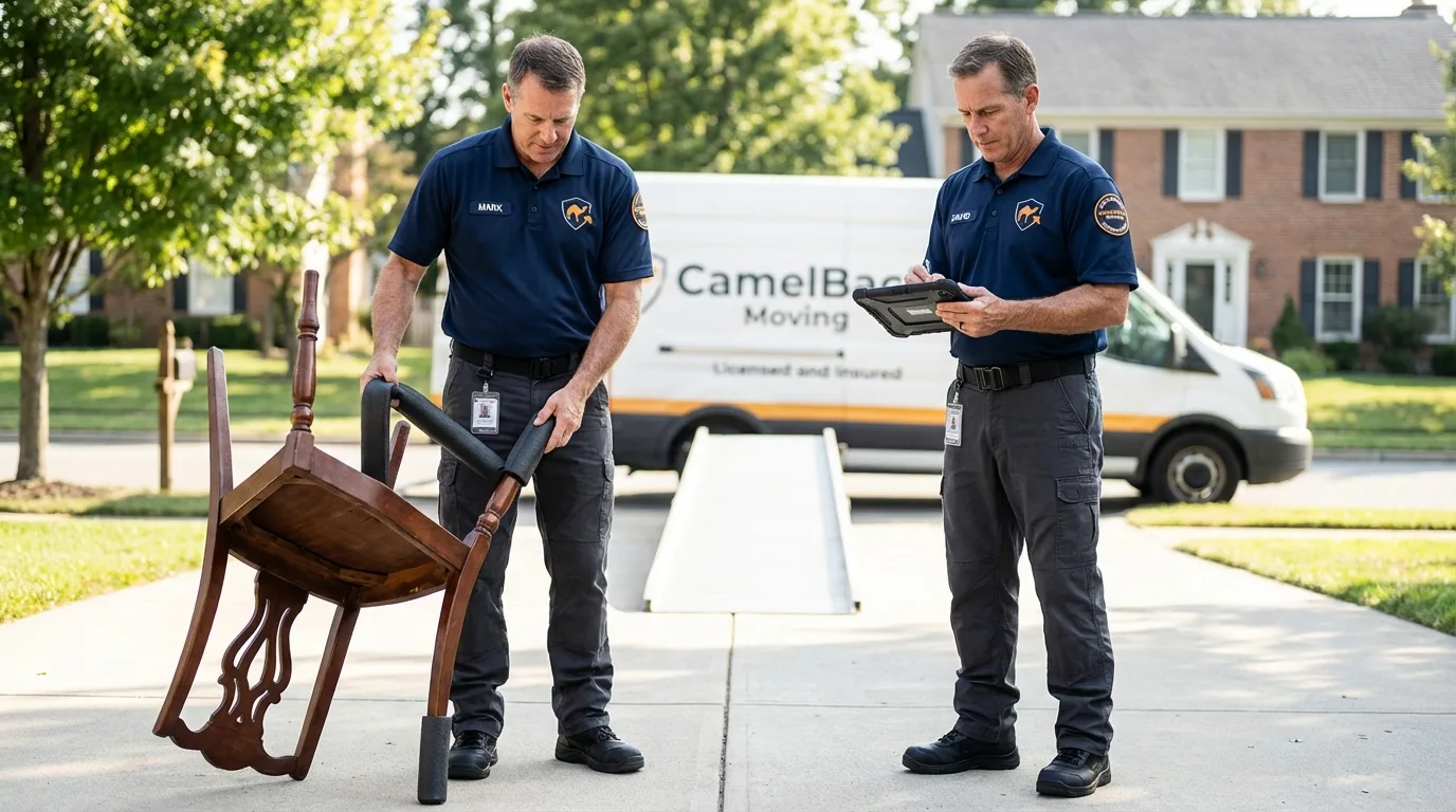 Movers inspecting furniture for damage prevention before loading in Butler, AL