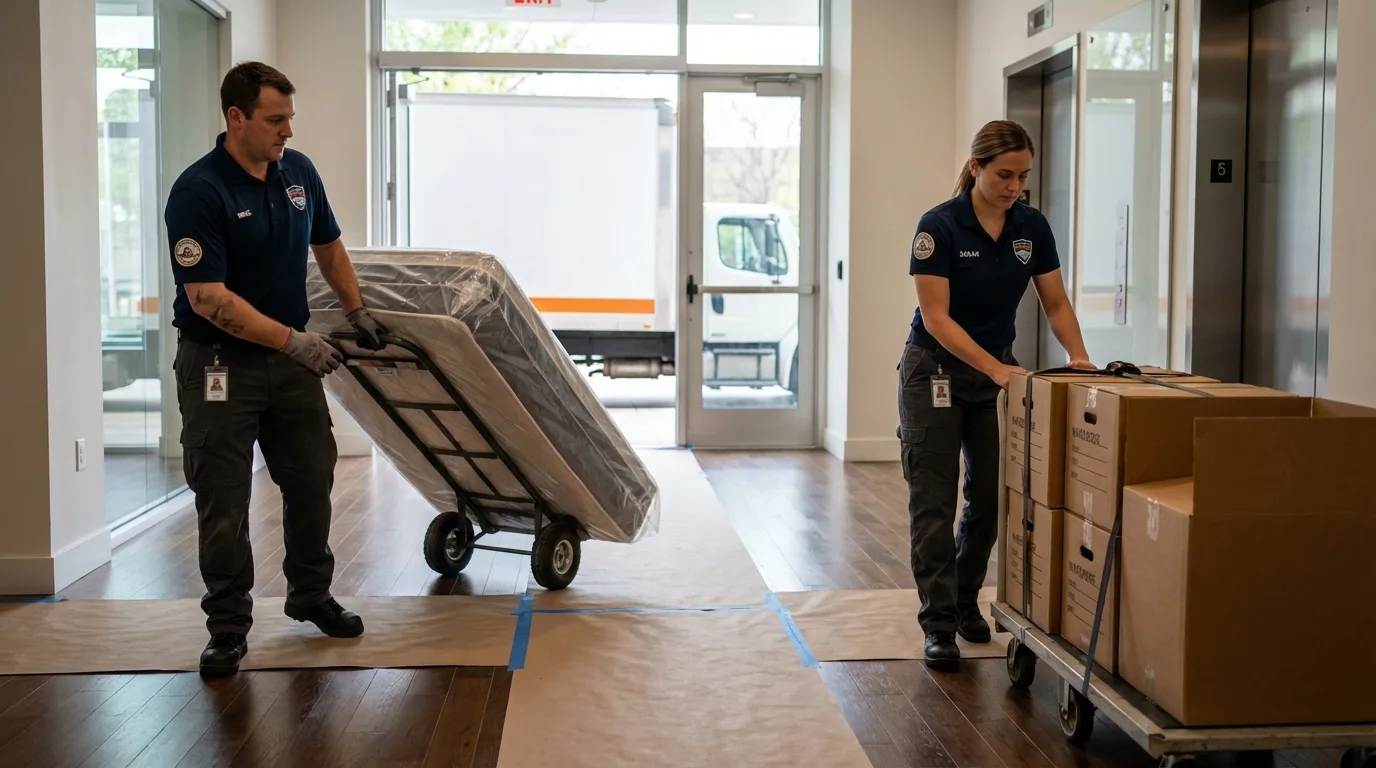 Professional apartment movers loading elevator in Butler, AL